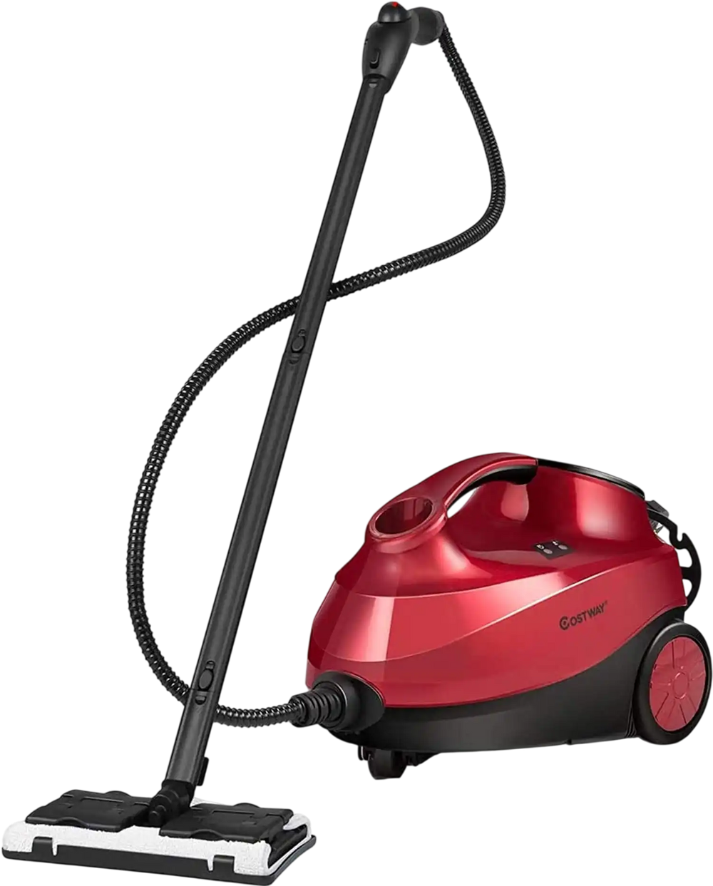 Red 2000W steam cleaner mop with detachable handheld unit and 19 accessories for versatile, chemical-free cleaning.
