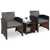 Two PE rattan chairs with gray cushions and a coffee table, perfect for garden or patio relaxation.