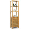 Bamboo tower hamper organizer with 3-tier storage shelves, featuring a tilt-out design for easy laundry access.