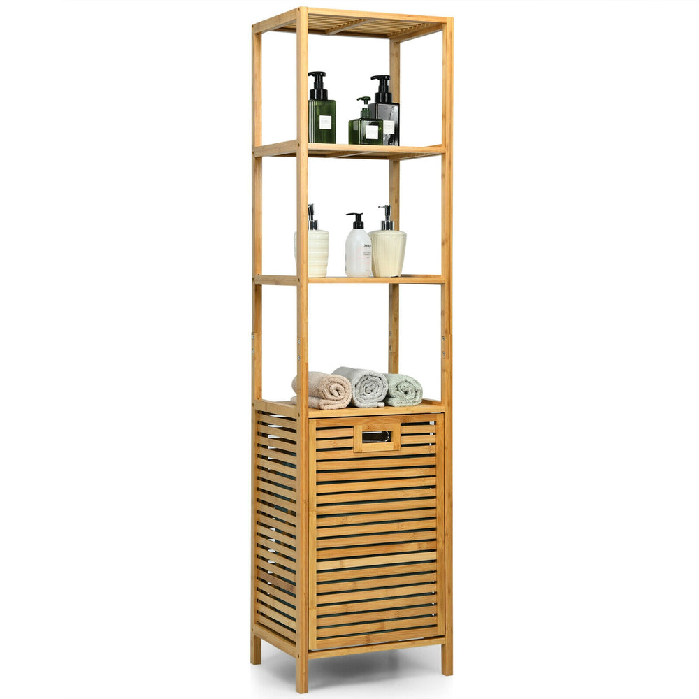 Bamboo tower hamper organizer with 3-tier storage shelves, featuring a tilt-out design for easy laundry access.