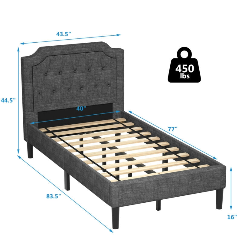 Linen twin upholstered platform bed with button-tufted headboard, 450 lbs capacity, ideal for stylish bedroom storage.