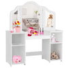 Kids tri-folding mirror makeup dressing vanity table in white with four storage compartments for toys and books.