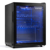 Open glass-door beverage refrigerator with blue LED lighting, black finish, and adjustable shelves for drinks.