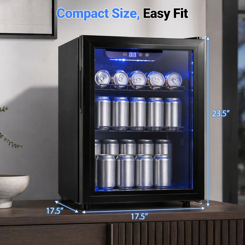 Black 1.55 cu.ft beverage refrigerator with glass door, shown open with interior shelves and 36°F to 68°F temperature control.