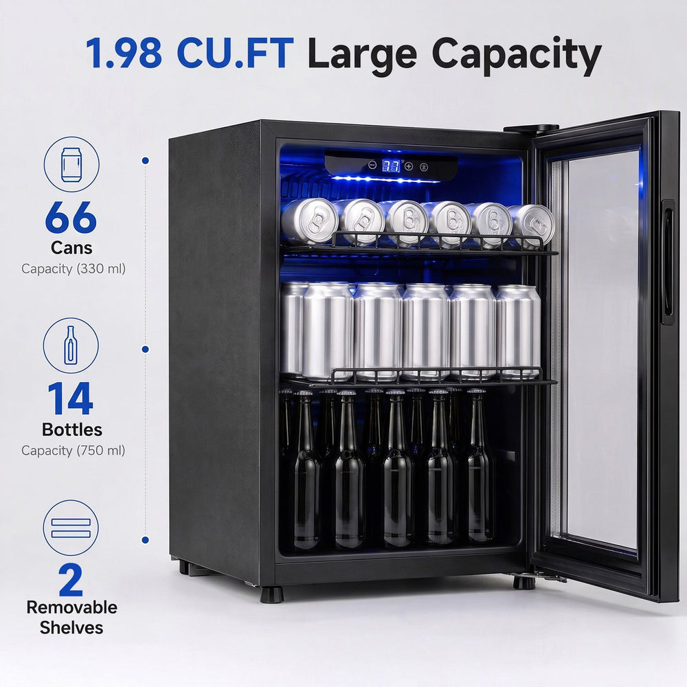 Open black beverage refrigerator with glass door displays 53 cans, 14 bottles and removable shelves.