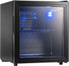 53 Can Mini Fridge with glass door, LED light, and blue interior lighting shown from the front with its door open.