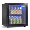 53 Can Mini Fridge with glass door shown open, revealing LED-lit shelves and a 1.55 cu.ft/44 L capacity for home or office.