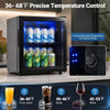 Mini beverage refrigerator with glass door displays drinks and 7-level adjustable temperature control for home or office.