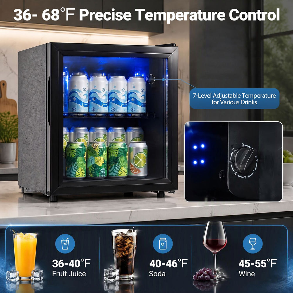 Mini beverage refrigerator with glass door displays drinks and 7-level adjustable temperature control for home or office.
