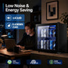 53 Can Mini Fridge with glass door displays beverages on a countertop, featuring LED light and 1.55 cu.ft/44 L capacity.