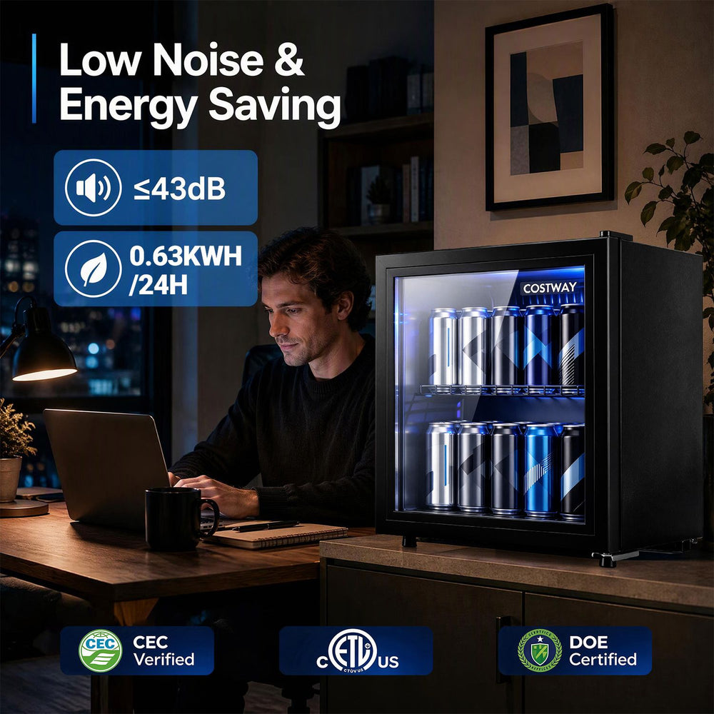 53 Can Mini Fridge with glass door displays beverages on a countertop, featuring LED light and 1.55 cu.ft/44 L capacity.