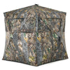 3-person portable pop-up hunting blind with camouflage design, multiple windows, and tie-downs for stability in outdoor.