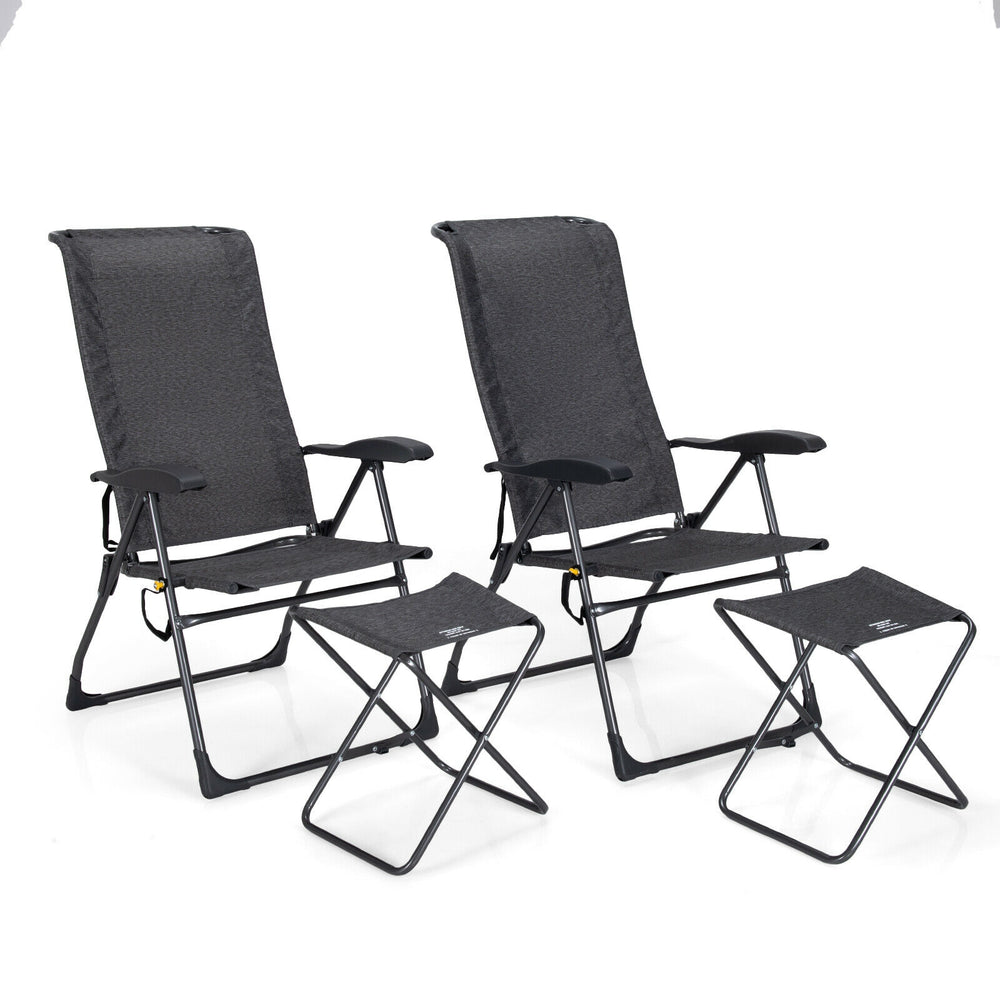 Gray patio chair set with adjustable backrests and folding ottoman, perfect for outdoor relaxation in garden or.