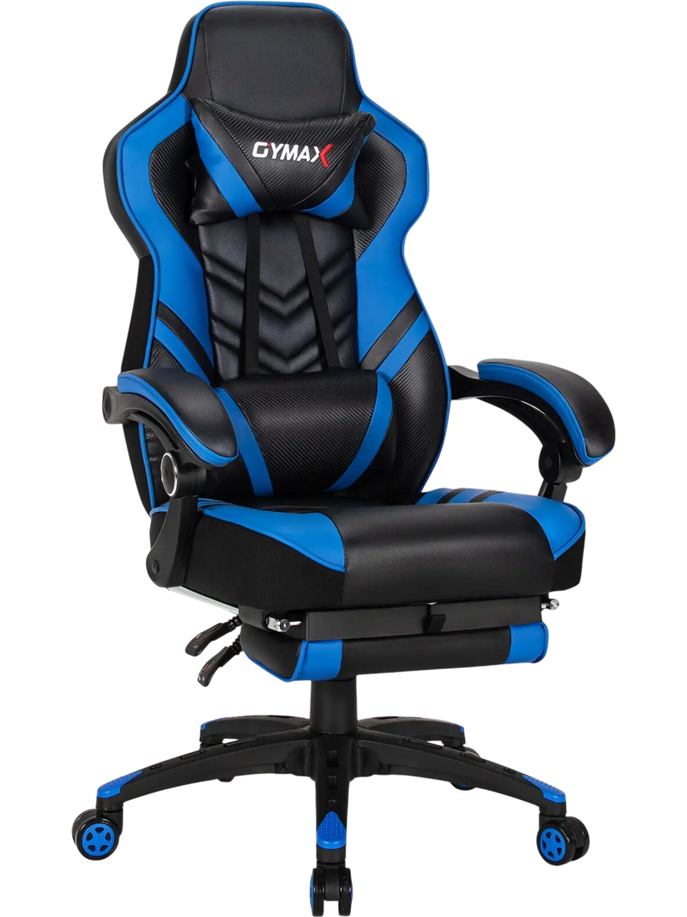 Adjustable blue gaming chair with footrest, ergonomic design, and sturdy construction for home office use.