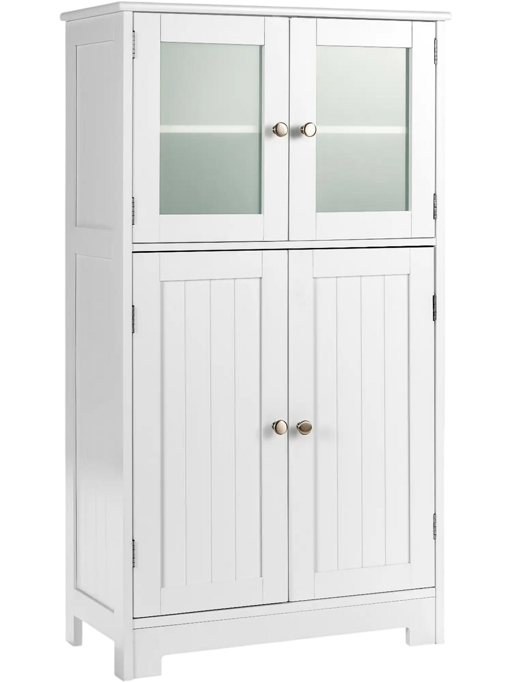 White bathroom floor storage locker with tempered glass doors and adjustable shelf for organized storage in modern.