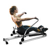 Adjustable double hydraulic resistance rowing machine with a user performing a full-body workout for home fitness.