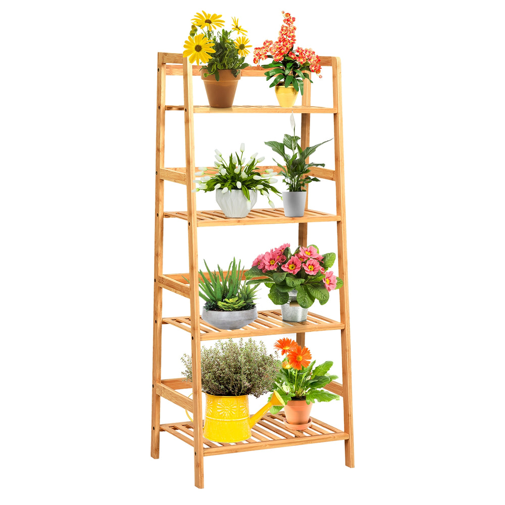 4-tier bamboo plant rack with guardrails, featuring potted plants, ideal for organizing in living room or kitchen.