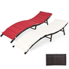 Folding patio lounger chairs in red and beige with heavy-duty steel frame, perfect for poolside or garden relaxation.