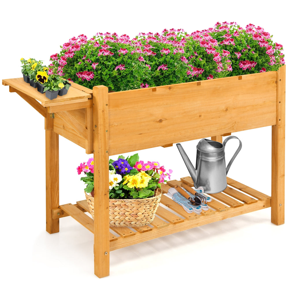 Elevated planter box kit made of fir wood with 8 grids, ideal for patio gardening and featuring a folding tabletop.