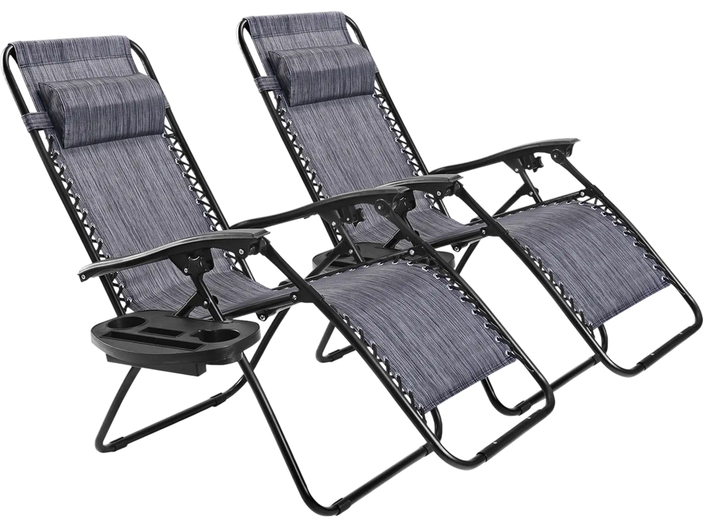 Two pieces of gray folding lounge chairs with adjustable backs and removable headrests, perfect for outdoor relaxation.