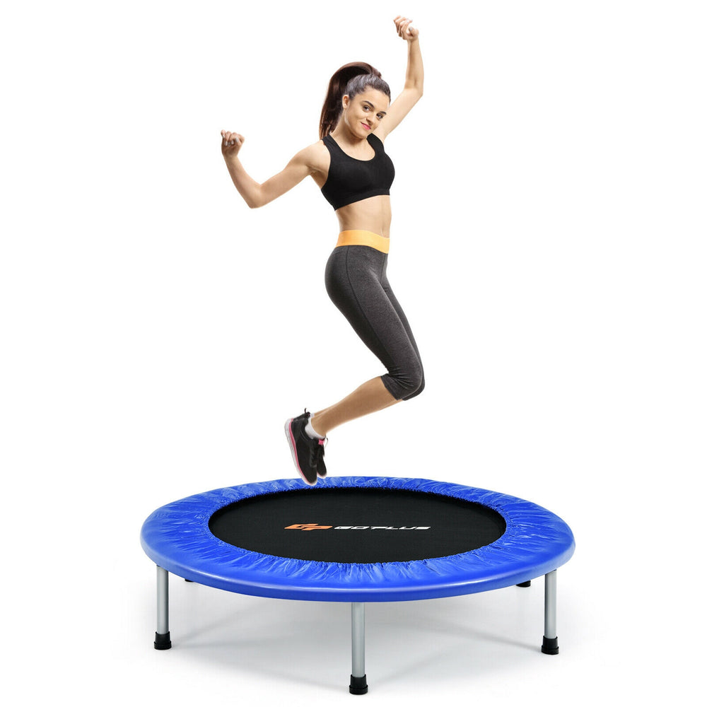 Mini folding trampoline in blue with a protective cover, featuring 32 strong springs for safe fitness bouncing.