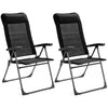 Two black portable patio folding dining chairs with adjustable headrests, perfect for outdoor use and easy storage.