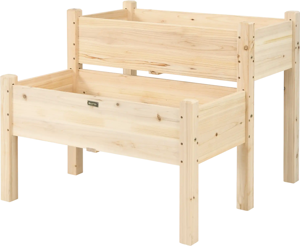 Two-tier wooden elevated planter box made of fir wood, featuring drainage holes, ideal for balcony and yard gardening.