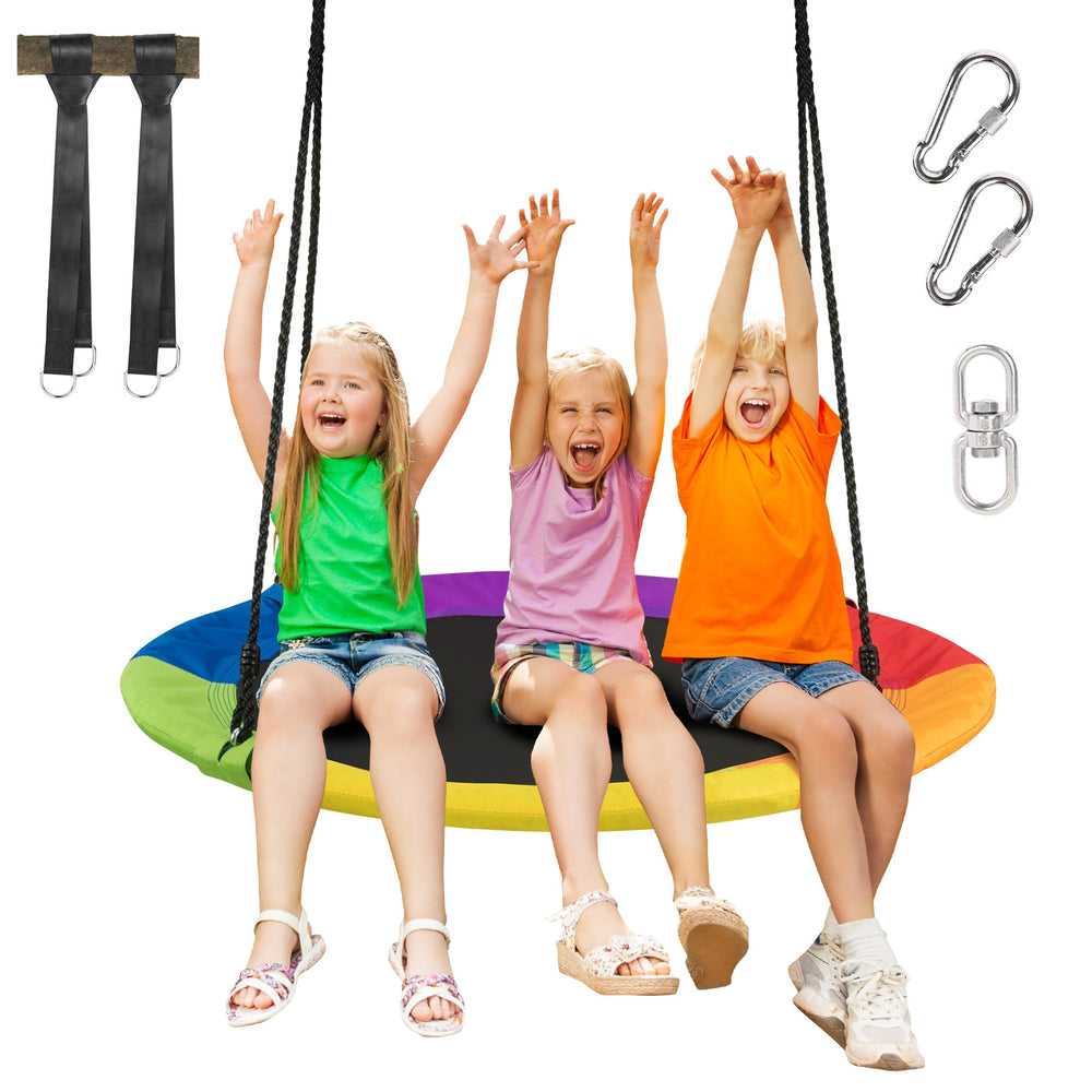 Colorful 40-inch flying saucer tree swing with three kids enjoying outdoor play, featuring durable fabric and.