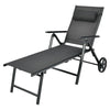 Gray patio lounge chair with wheels, adjustable backrest, and neck pillow, perfect for poolside or backyard relaxation.