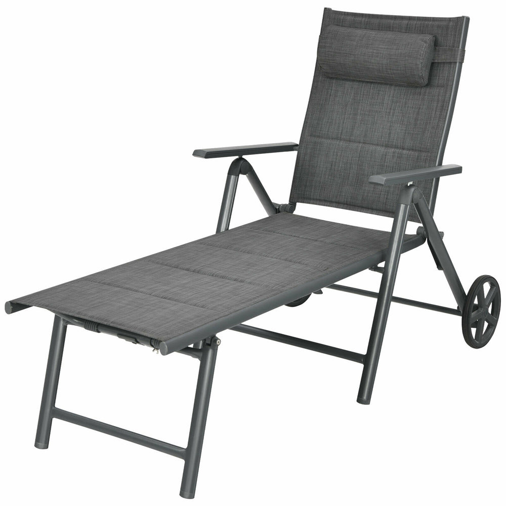 Gray patio reclining chaise lounge with adjustable backrest and neck pillow, perfect for outdoor relaxation and.
