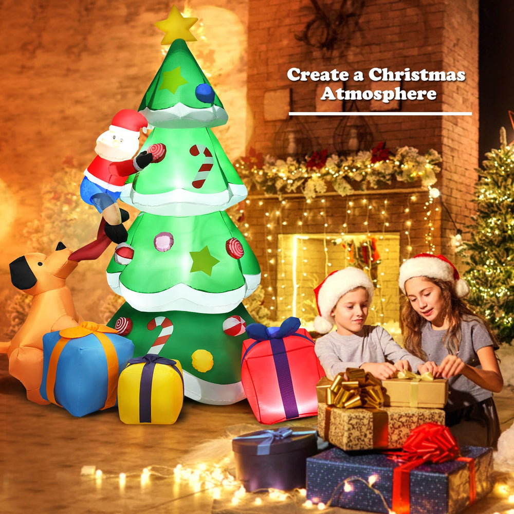 7 feet inflatable Christmas tree with Santa, LED lights, and gift boxes for festive outdoor decoration.