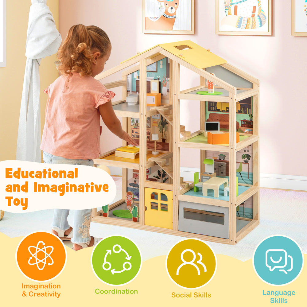 Wooden dollhouse for kids with furniture and figures, promoting imagination and social skills through interactive play.