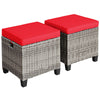 Two outdoor rattan ottomans with removable red cushions, made of weather-resistant PE rattan for patio use.