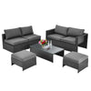 6-piece gray patio rattan furniture set with cushioned seats and glass table, perfect for outdoor relaxation.