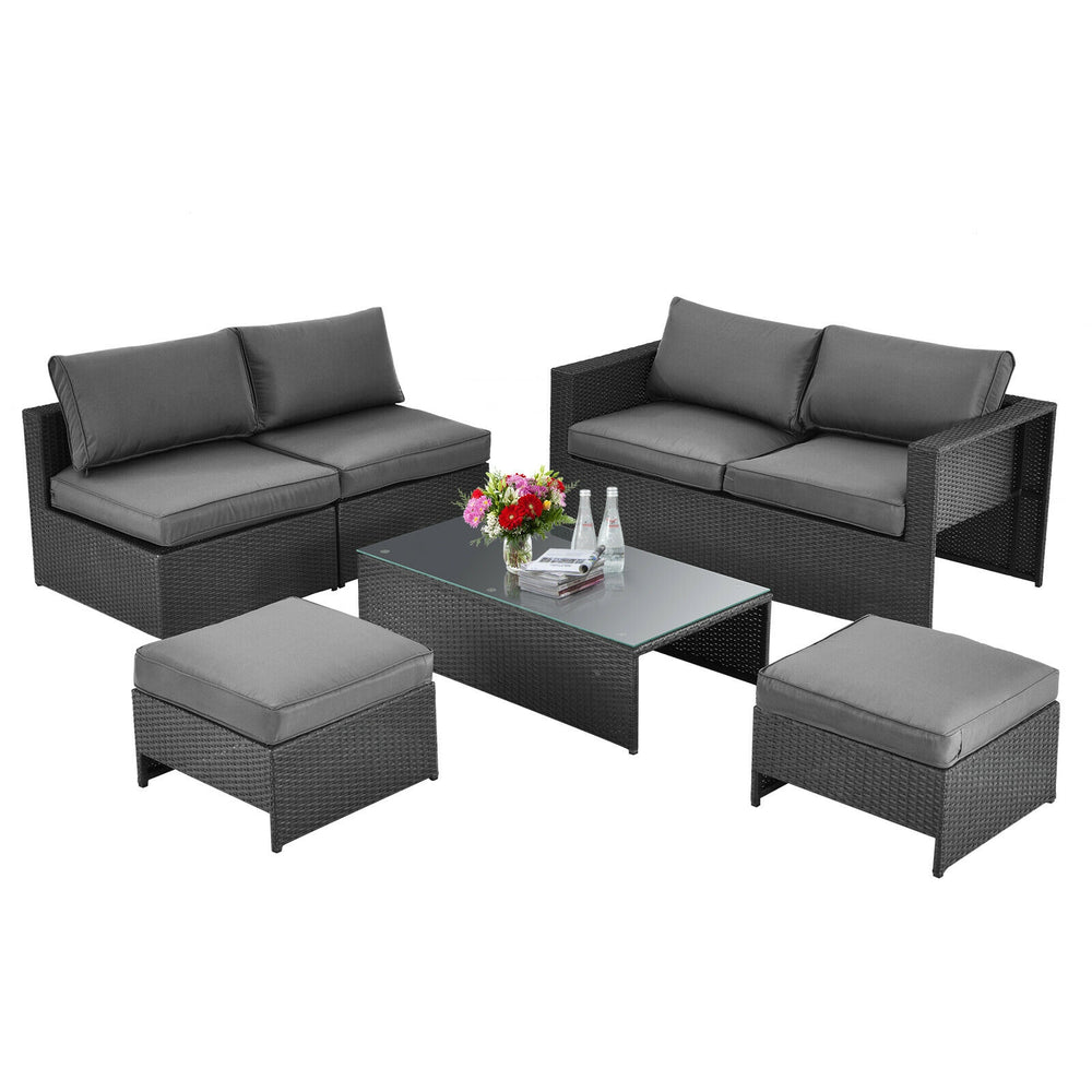 6-piece gray patio rattan furniture set with cushioned seats and glass table, perfect for outdoor relaxation.