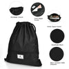 Drawstring backpack in black with zipper pockets, made of durable polyester, perfect for gym, shopping, and travel.