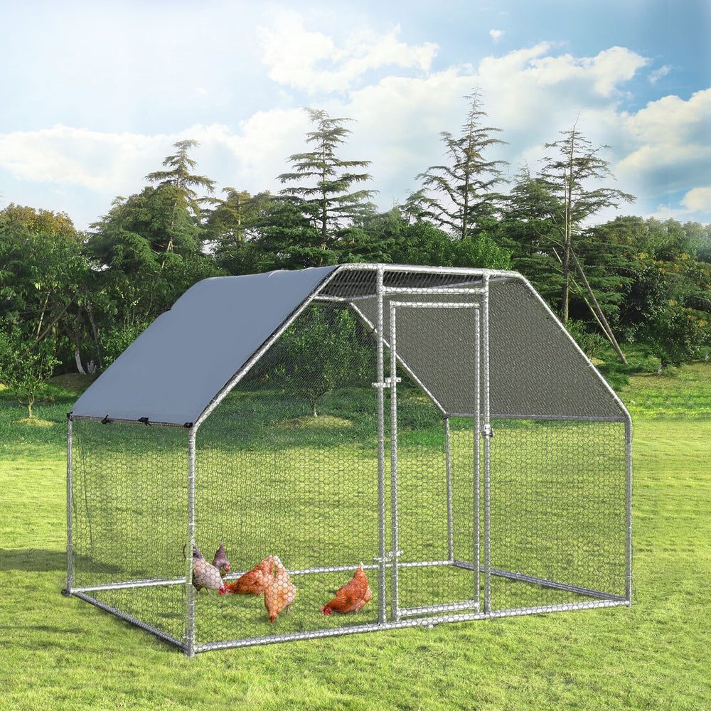 Large walk-in chicken run cage with galvanized frame and PVC coated wire mesh, perfect for outdoor use in your backyard.