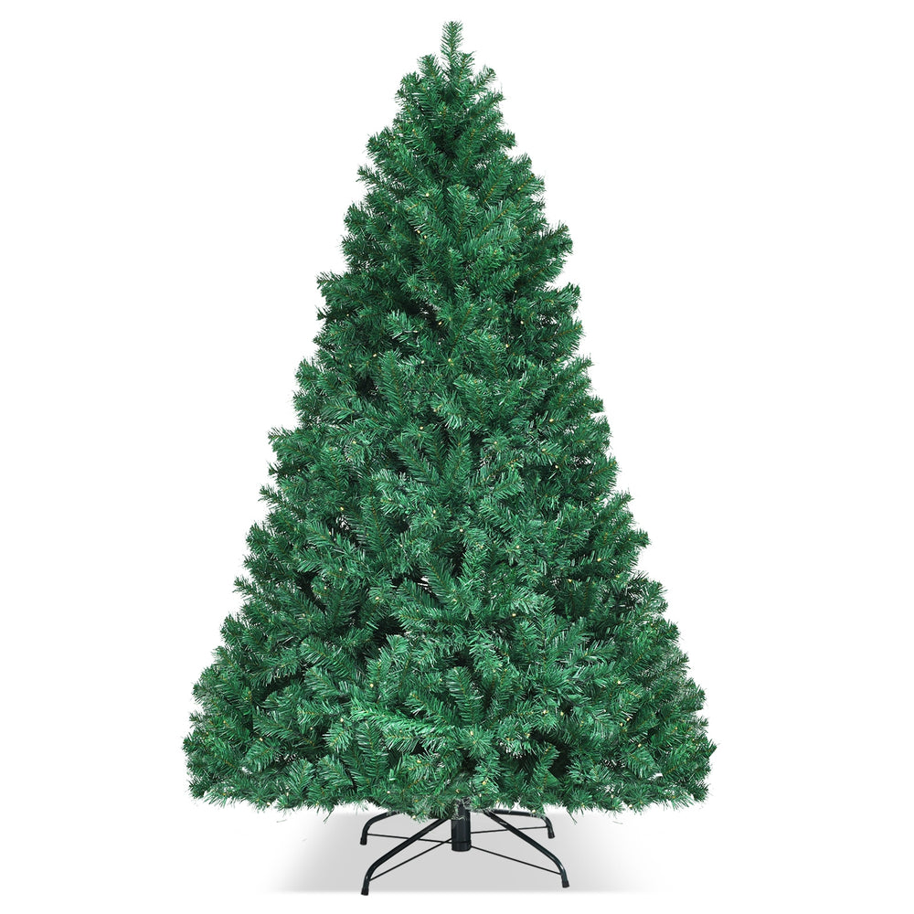 7-foot PVC artificial Christmas tree with hinged branches and pre-lit LED lights, perfect for indoor holiday decoration.