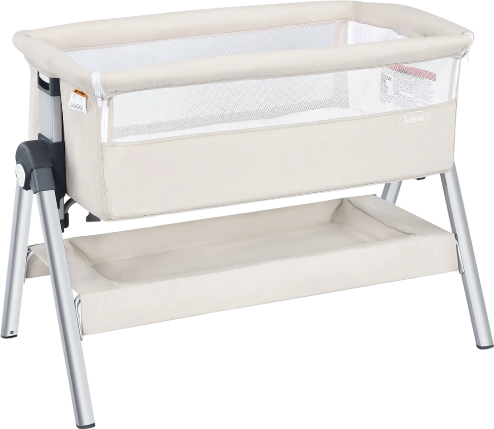 Portable baby bedside sleeper in beige with adjustable height and angle, featuring a sturdy aluminum frame and cotton.