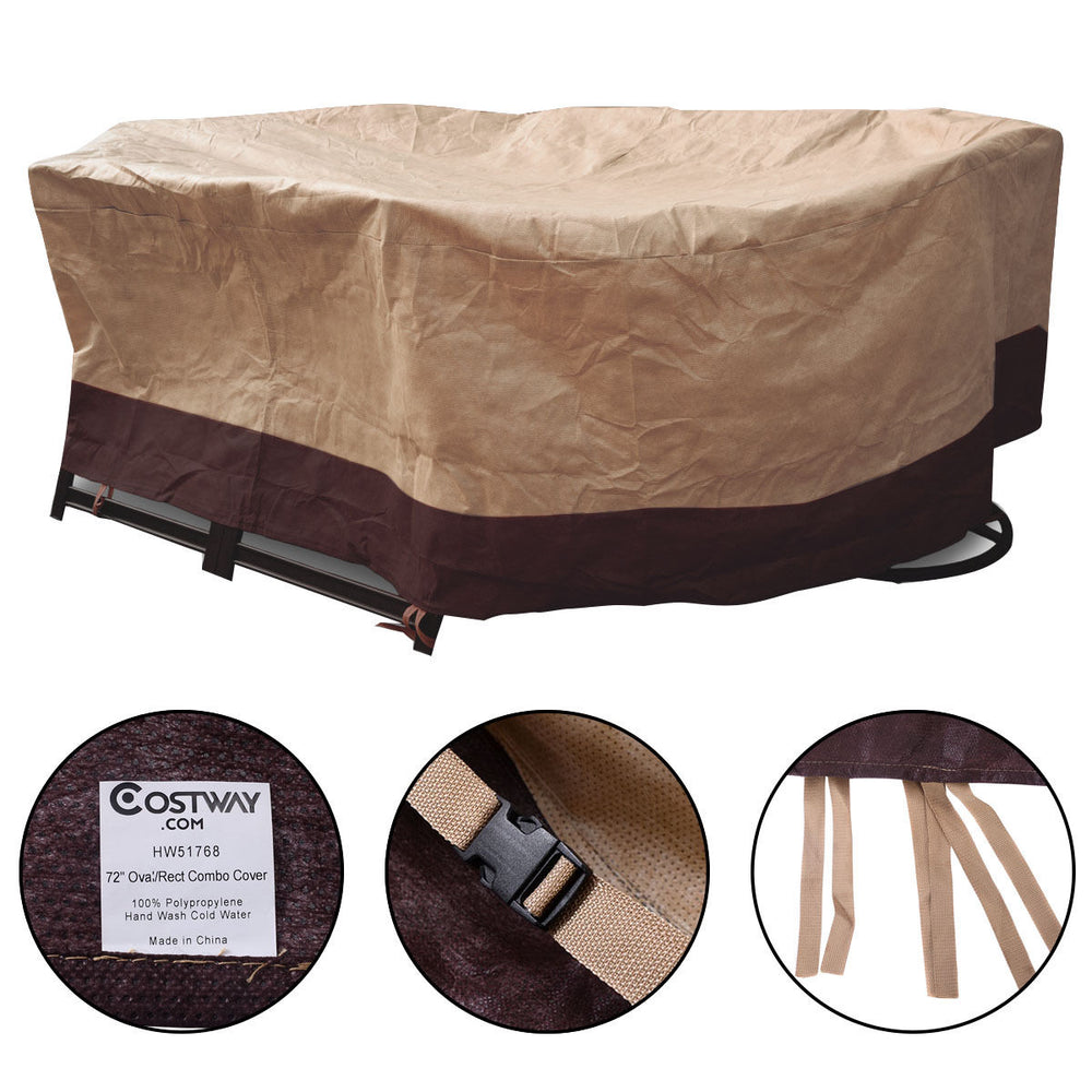 Waterproof 72-inch oval/rect garden table cover in tan and brown, made of durable non-woven fabric for outdoor.