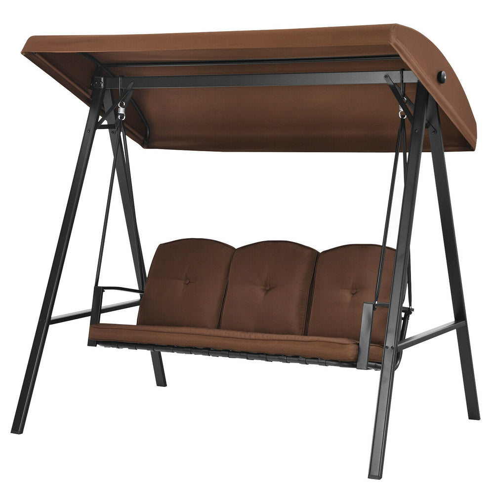 3-seat outdoor porch swing with adjustable canopy and removable cushions, featuring a durable steel frame for backyard.