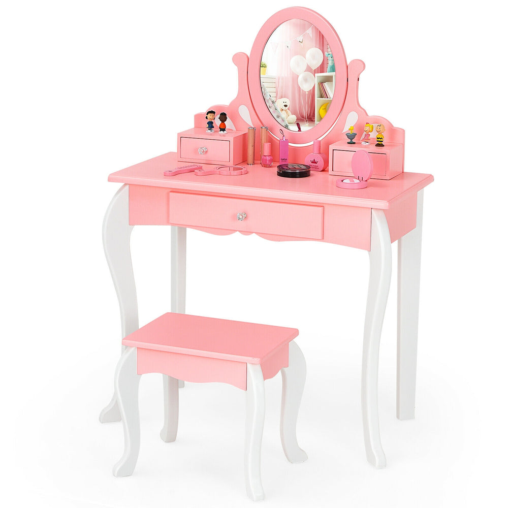 Kids pink vanity table set with 360-degree mirror, three drawers, and matching stool for makeup and dressing up.