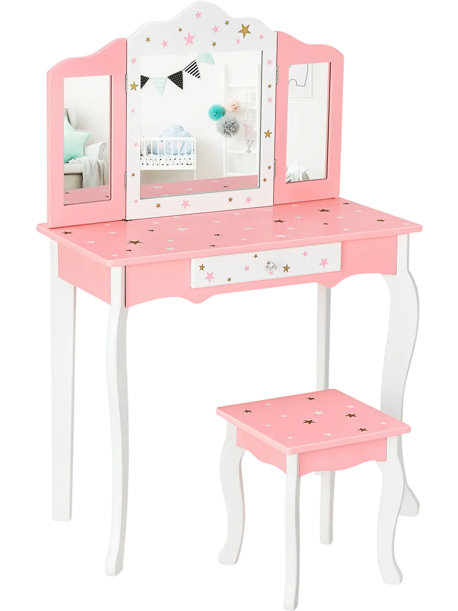 Costway Kids Princess Vanity Table Stool Set Tri-Folding Mirror Drawer 08634251 New