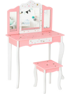 Kids pink vanity table set with tri-folding mirror and stool, featuring star patterns and durable MDF construction.
