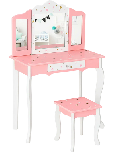 Costway Kids Princess Vanity Table Stool Set Tri-Folding Mirror Drawer 08634251 New