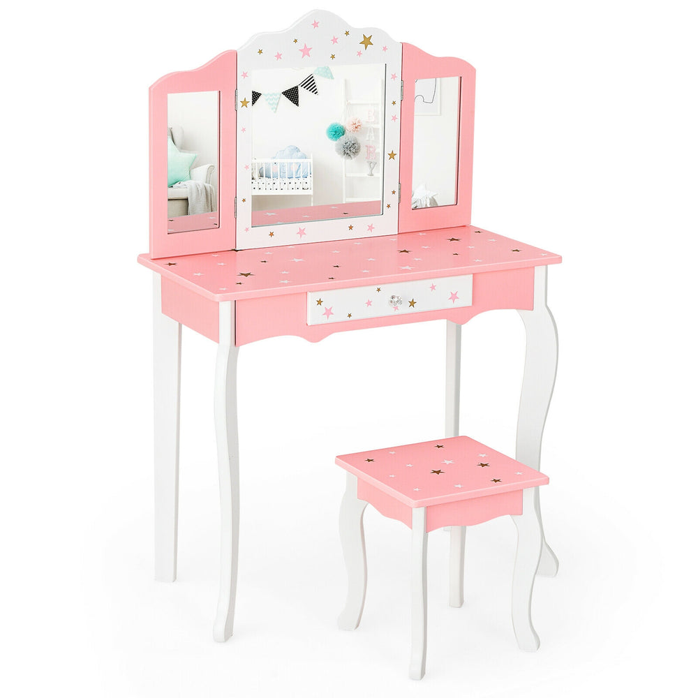 Kids Princess Vanity Table and Stool Set with Tri-folding Mirror and Drawer-Pink - Gallery View 1 of 12