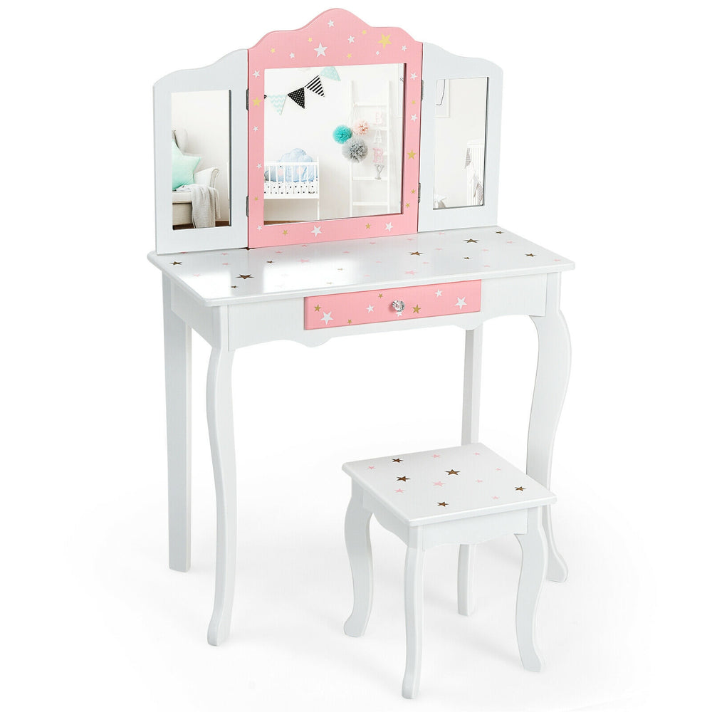 Kids Princess Vanity Table and Stool Set with Tri-folding Mirror and Drawer-White - Gallery View 1 of 12