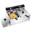 Dual tank electric countertop deep fryer with stainless-steel construction, two baskets, and separate temperature.