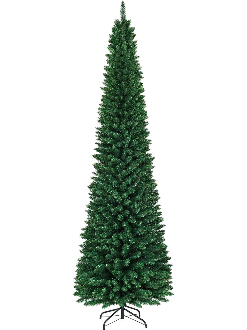 9-foot PVC artificial slim pencil Christmas tree with dense needles, ideal for small spaces and easy to assemble.