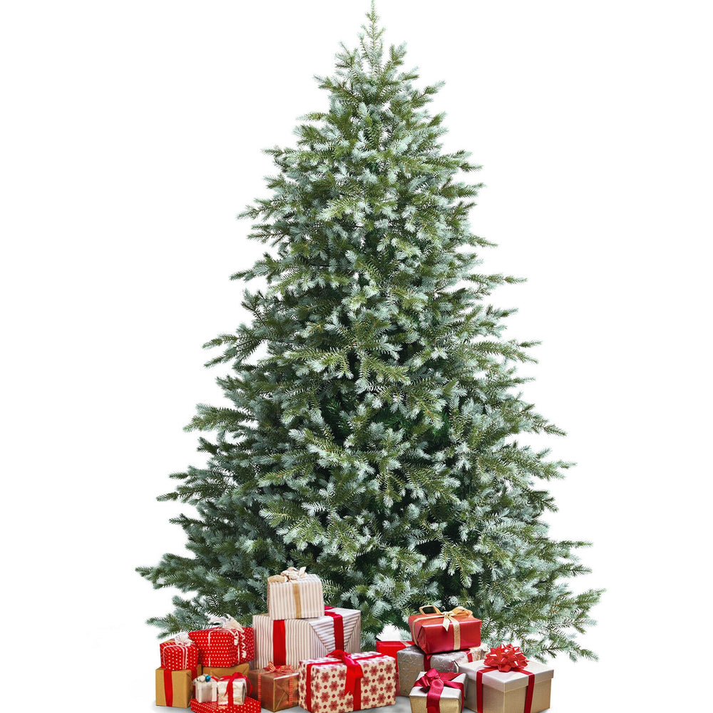 7 feet artificial Christmas tree with 1260 mixed PE and PVC tips, decorated with festive gifts for holiday cheer.